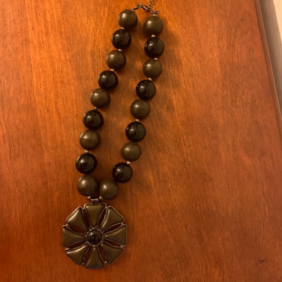 Black and Olive Large Beaded Necklace with Large Medallion - Picture 3 of 6